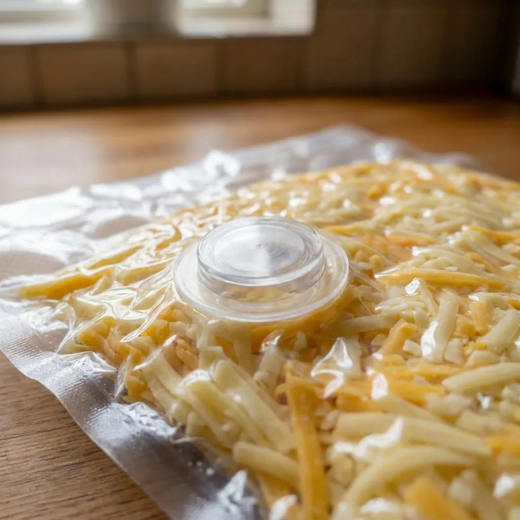 Geriebener Käse in einem Silberau-Beutel, das Ventil aus der Nähe