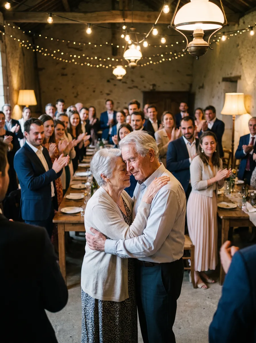 Ein älteres Paar tanzt Wange an Wange auf seiner Goldenen Hochzeit, die Gäste sehen zu