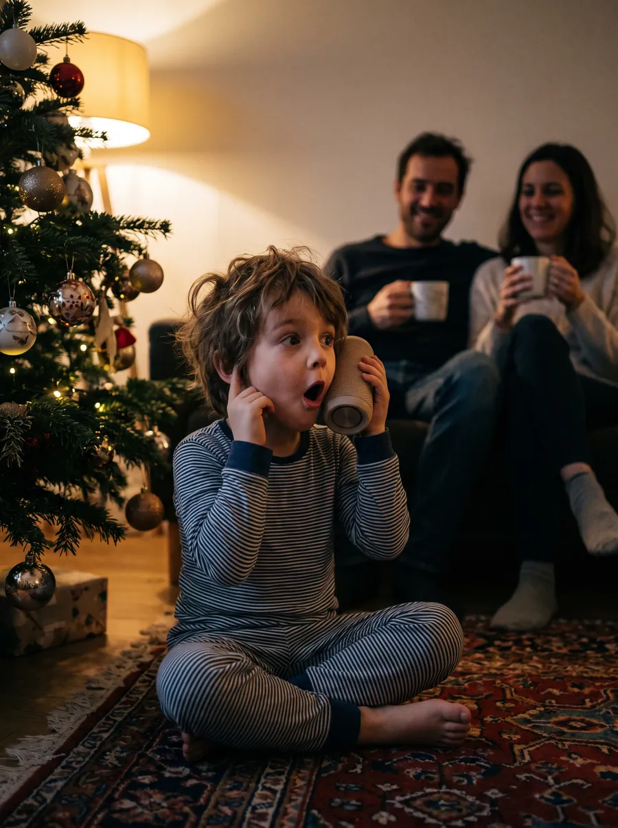 Ein Kind im Schlafanzug sitzt unterm Weihnachtsbaum vor einem kleinen Lautsprecher und staunt mit offenem Mund