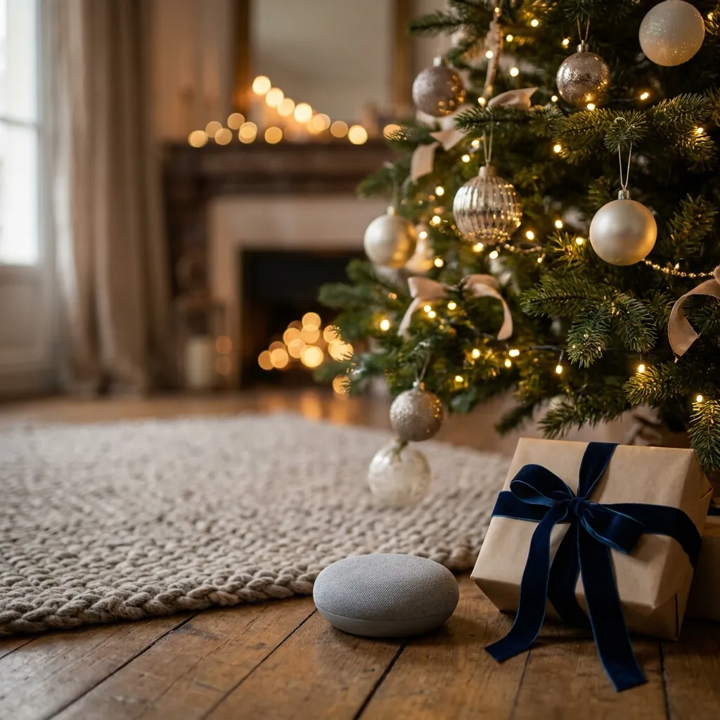 Ein Geschenk und ein kleiner Lautsprecher unter dem Weihnachtsbaum