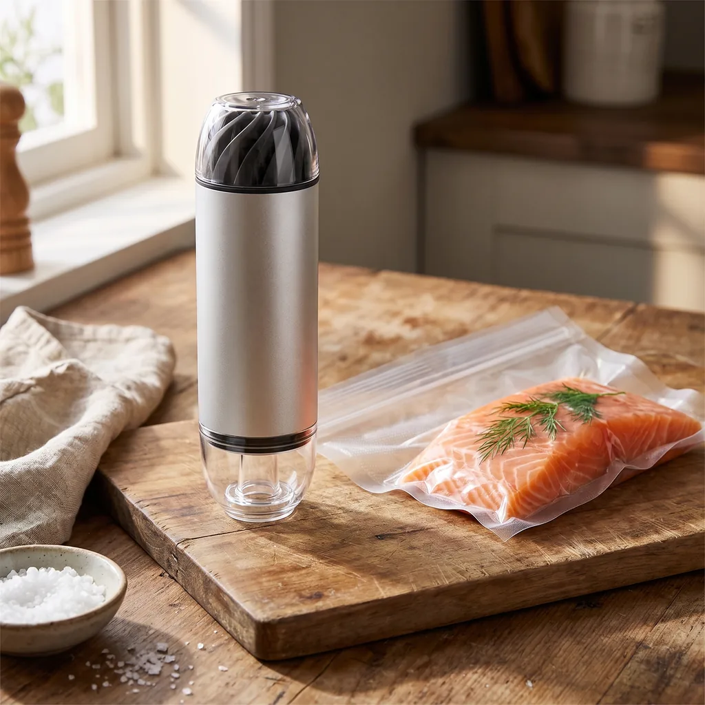 Ein vakuumierter Beutel mit Lachs neben dem Silberau auf der Arbeitsplatte
