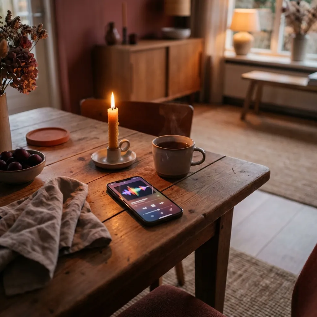 Ein Handy mit einem Musikplayer auf dem Bildschirm, auf einem Tisch im Kerzenschein
