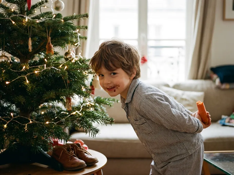 Ein kleiner Junge im Schlafanzug am Weihnachtsbaum, Schokolade um den Mund, versteckt eine angebissene Möhre hinter dem Rücken