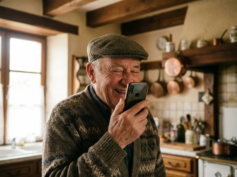 Ein Opa mit Schiebermütze hält sein Handy ganz dicht vors Gesicht und lacht