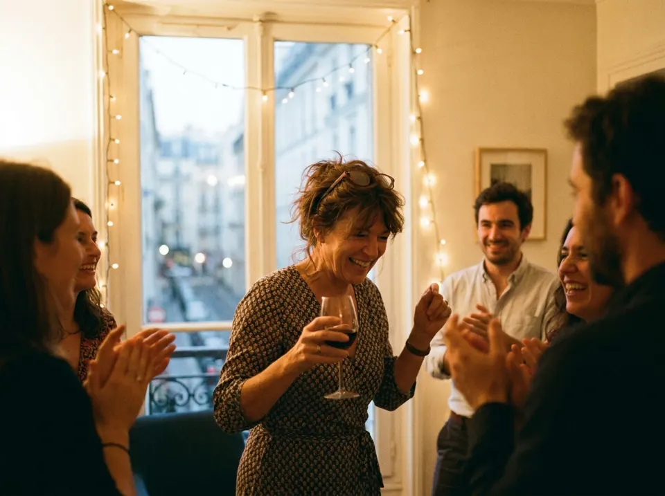 Eine Frau von vierzig tanzt lachend mit einem Glas in der Hand, ihre Freunde klatschen