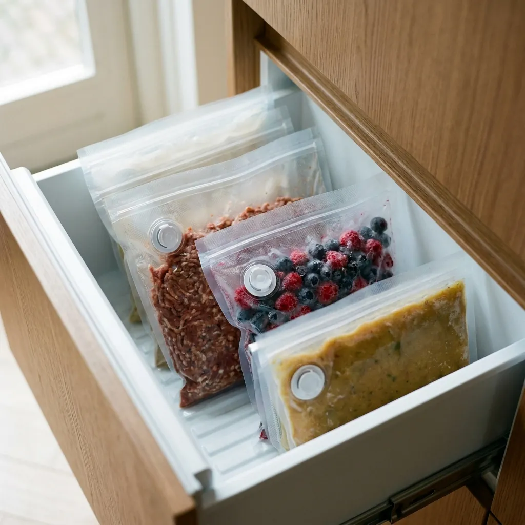 Flache vakuumierte Portionen aufrecht in einer Gefrierschublade